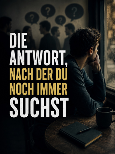 Ein Mann am Tisch, ganz in Gedanken an Leute versunken, die über ihn reden.