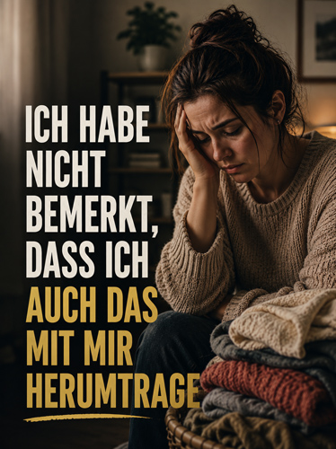 Erschöpfte Frau neben einem Wäscheberg, die Hand am Gesicht