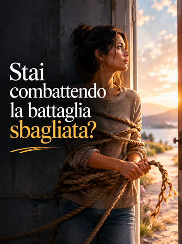 Donna legata a una parete con una corda guarda fuori da una porta aperta verso una giornata di sole.
