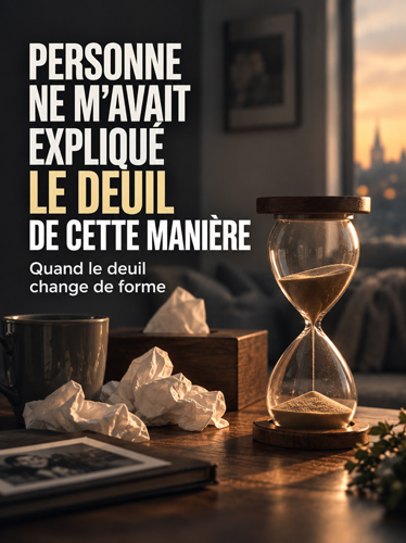 Un sablier à côté d'un tas de mouchoirs usagés.