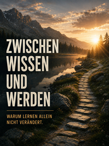 Steinpfad am Seeufer im Sonnenuntergang