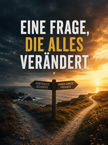 Eine Weggabelung, bei der ein Pfad in einen Sonnenuntergang und der andere in einen Sturm führt.