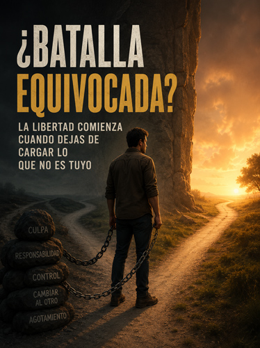 Un hombre de pie en su lugar de trabajo, entre dos caminos, con cadenas en las manos conectadas a grandes rocas que tienen inscripciones.