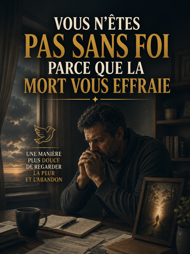 Un homme stressé, assis à une table, en train de prier.
