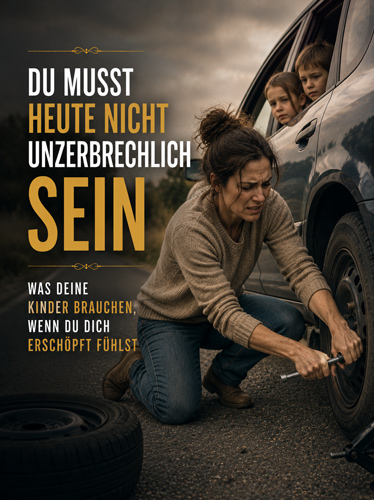 Frustrierte Frau versucht verzweifelt, einen platten Reifen zu wechseln, während die Kinder aus dem Auto zusehen.