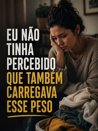 Mulher exausta ao lado de uma pilha de roupa suja, com a mão no rosto.
