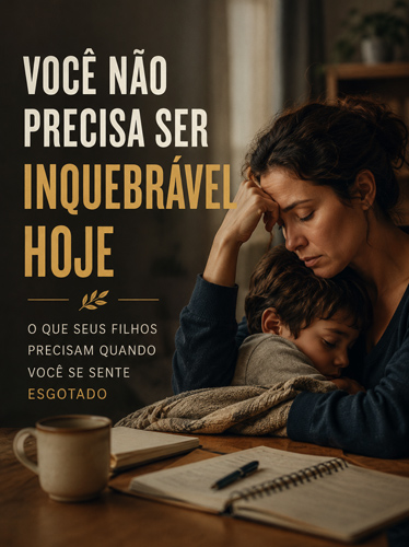 Mulher estressada à mesa, segurando o filho nos braços.