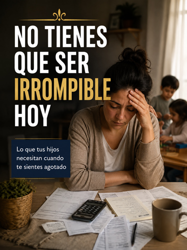 Mujer angustiada por las cuentas mientras sus hijos juegan al fondo.