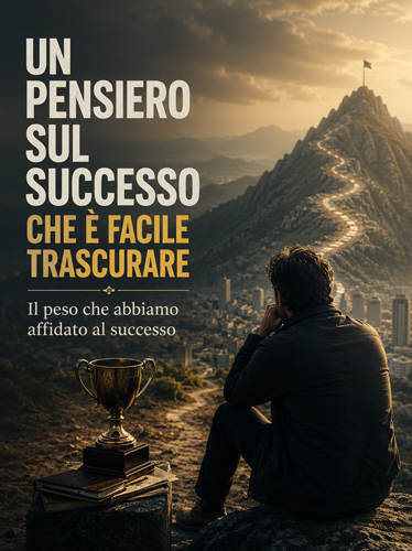 Un uomo seduto accanto a un trofeo, ai piedi del sentiero di montagna, guarda una bandiera in cima.