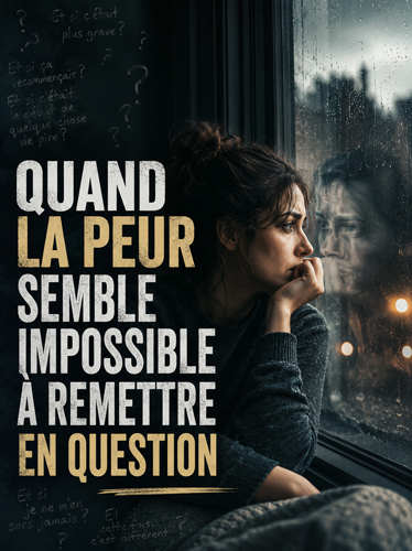 Une femme regarde son reflet dans une fenêtre couverte de pluie.