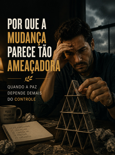 Homem estressado tentando montar um castelo de cartas sobre a mesa.