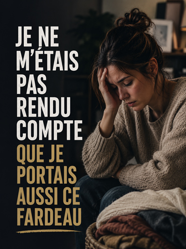 Femme épuisée près d'un tas de linge, la main sur le visage