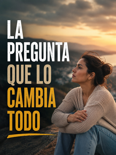 Mujer en la ladera de una montaña con vistas a una ciudad junto al mar.