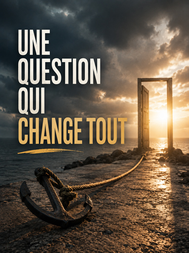 Une ancre reliée par une corde à une porte ouverte sur le coucher de soleil.