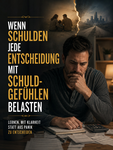 Mann denkt beim Bezahlen seiner Rechnungen an seine Familie und seine Arbeit.