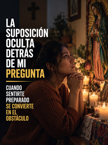 Mujer rezando junto a una estatua de la Virgen María y varias velas.