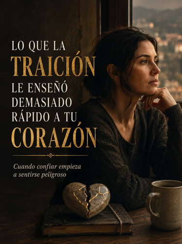 Corazón roto sobre una mesa junto a una mujer sumida en profundos pensamientos.