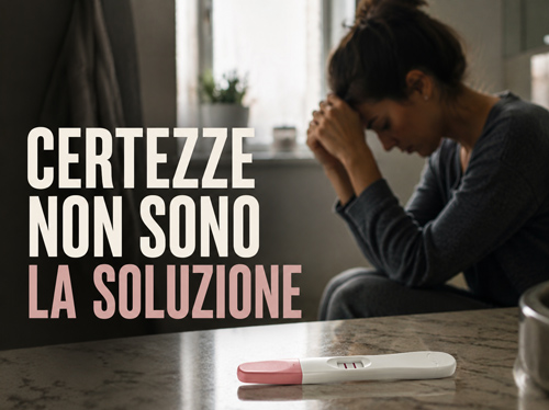 Un test di gravidanza positivo su un piano d'appoggio, con una donna seduta sullo sfondo in preda alla paura.