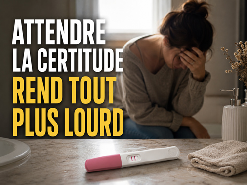Un test de grossesse positif posé sur un comptoir, avec une femme assise à l'arrière-plan, l'air effrayé.