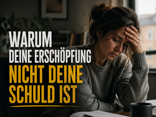 Erschöpfte Frau sitzt am Schreibtisch und hält sich beschämt den Kopf.