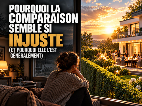 Une femme est assise dans son jardin inesthétique et, par-dessus la clôture, contemple la belle maison de sa voisine.