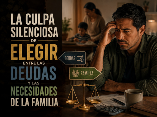 Hombre estresado pagando facturas, con su familia de fondo.