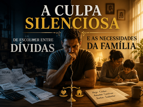 Homem sentado à mesa, dividido entre as contas para pagar e as responsabilidades com a família.