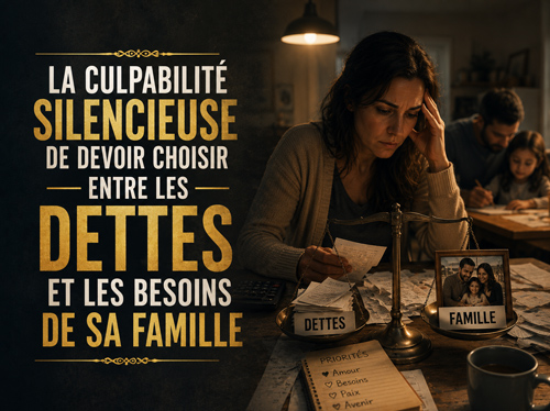 Une femme qui peine à payer ses factures, avec sa famille en arrière-plan.