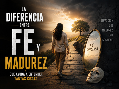 Una mujer camina por un sendero de ladrillo junto a un espejo y una máscara que tienen inscripciones.