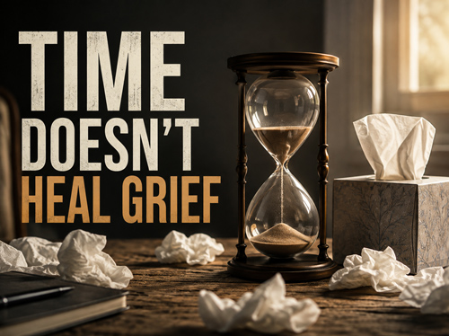 An hourglass on a table surrounded by used tissues.