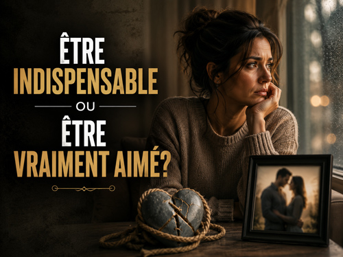 Une femme regarde par la fenêtre, un cœur ligoté par des cordes posé sur le bureau.