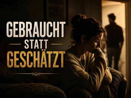 Eine Frau sitzt verzweifelt auf dem Sofa, während ein Mann davongeht.