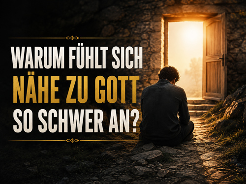 Ein Mann sitzt betend in einem dunklen Raum neben einer offenen Tür, die auf einen sonnigen Tag hinausführt.