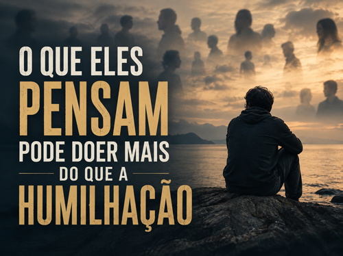 Homem sentado à beira-mar com sombras de pessoas cobrindo as nuvens.
