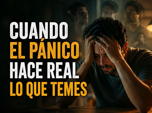 Hombre abrumado por pensamientos de pánico.