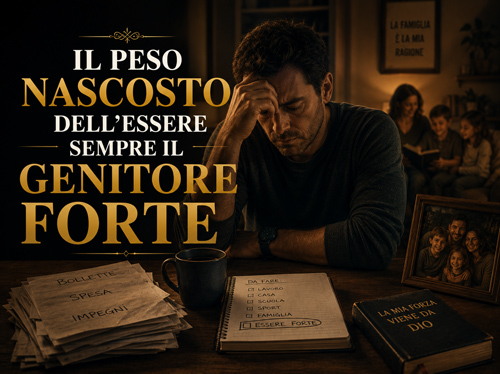 Un uomo tormentato dalle bollette, con la famiglia sullo sfondo.