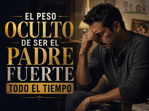 Hombre excesivamente estresado en el sofá, con una foto de su familia en la pared.