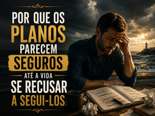 Homem angustiado sobre um livro, com um mar revolto ao fundo.