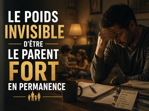 Un homme dépassé par des papiers administratifs, avec ses enfants en arrière-plan.