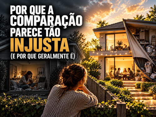 Uma mulher está sentada em seu quintal feio, observando, por cima da cerca, a casa de sua bela vizinha.