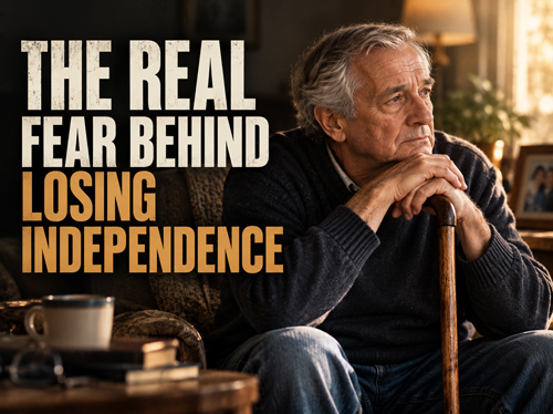 Older man reflects in his living room.