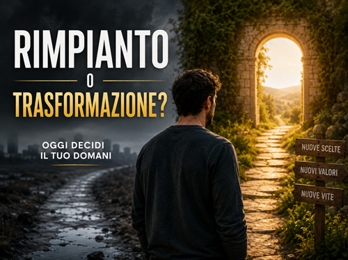 Un uomo che deve scegliere tra un sentiero che conduce a una città oscura e in rovina e una campagna dall'aspetto angelico.
