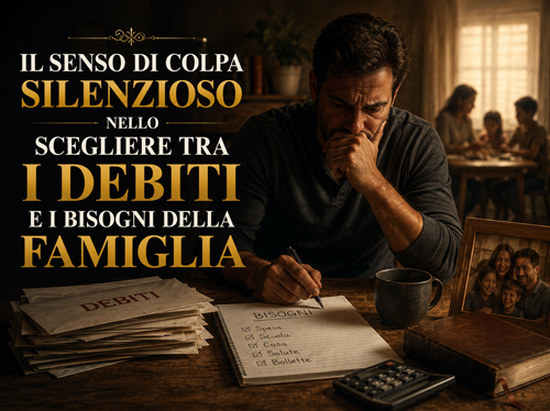 Un uomo sopraffatto dalle bollette, con la famiglia sullo sfondo.