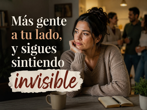 Mujer sentada sola en un escritorio, con varios amigos detrás de ella conversando entre sí.