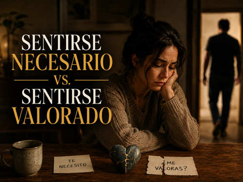 Mujer pensando profundamente en una mesa, con un hombre en el umbral de la puerta detrás de ella.