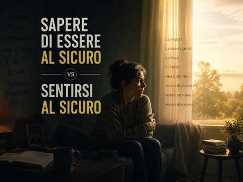 Una donna tremante sul divano, che guarda fuori dalla finestra verso una giornata di sole.