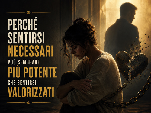 Una donna avvolta in una catena, con il cuore spezzato, mentre un uomo si allontana alle sue spalle.