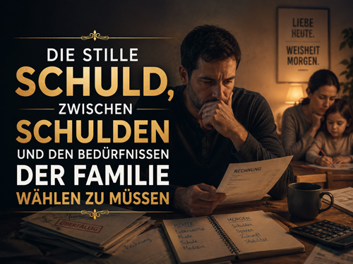 Ein Mann sitzt am Tisch und kämpft mit unbezahlten Rechnungen, während seine Familie im Hintergrund zu sehen ist.