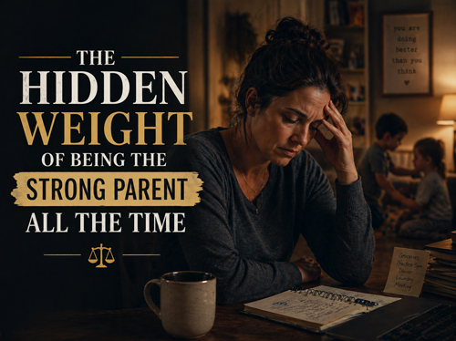 Stressed woman at table with kids in background