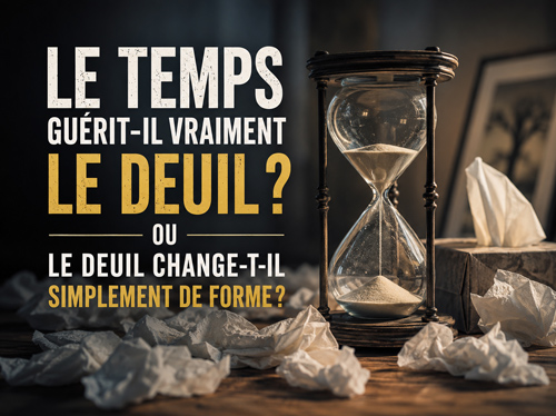 Un sablier sur une table, entouré de mouchoirs usagés.